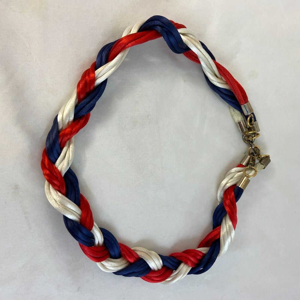 #2131 RED WHITE AND BLUE BRAIDED SATIN ROPE NECKLACE 20 IN